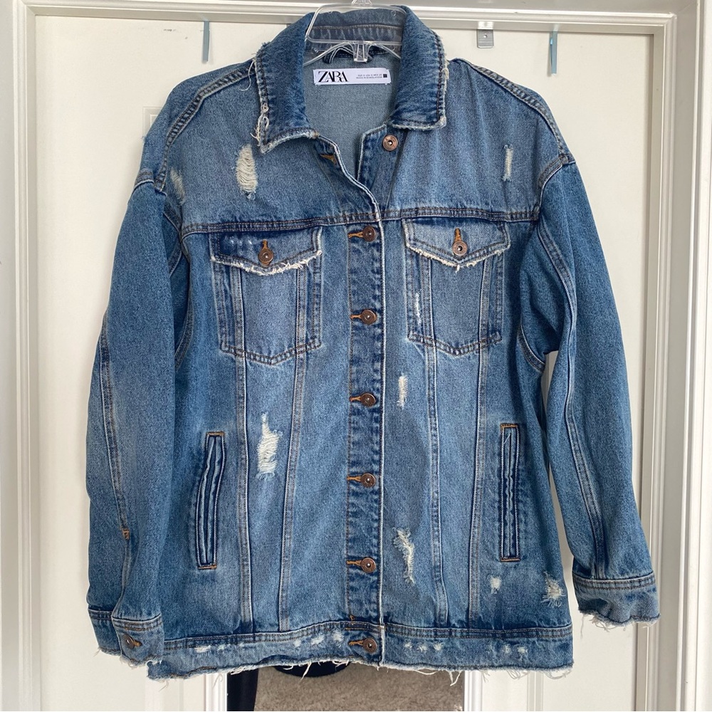 Zara Slim Washed Distressed Denim Jacket Small